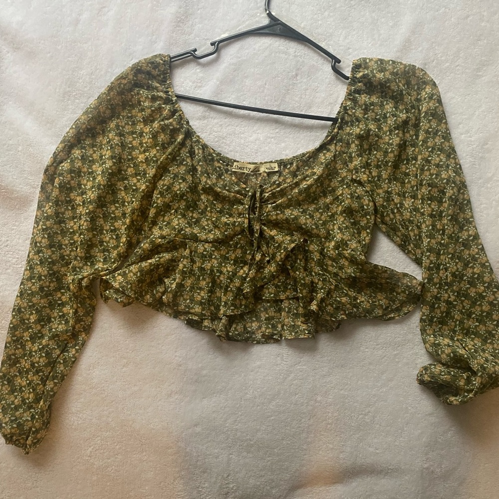 Green Floral Long Sleeve Top Size L